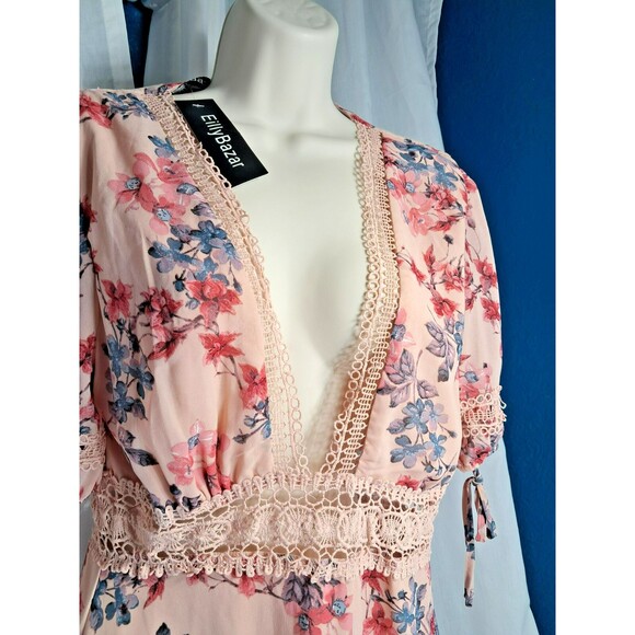 NWT Eilly Bazar Women's Short Sleeve Floral Slip Dress  Pink  L Crochet - Picture 2 of 11